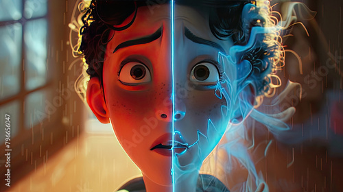 A split-screen shot showing a character's internal struggle: their worried face on one side, a dreamlike vision of their goal on the other.