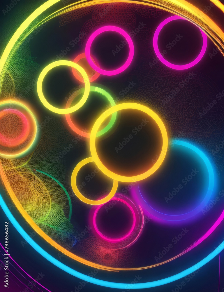 Neon bright circles, balls, bubbles, spheres, ovals. On a dark background. Neon bright circles, balls, bubbles, spheres, ovals. On a dark background.