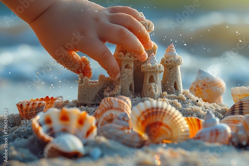 A closeup of a childs hand making a sandcastle with seashells