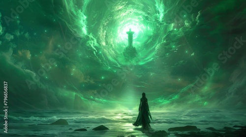 In a vision a powerful sorceress sees herself standing in front of a vast emerald sea. At the center of the sea a towering statue . .