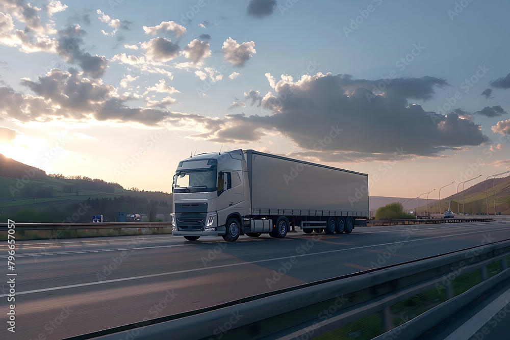 A truck with a semi-trailer driving along the highway, transporting goods for efficient and timely delivery across vast distances.