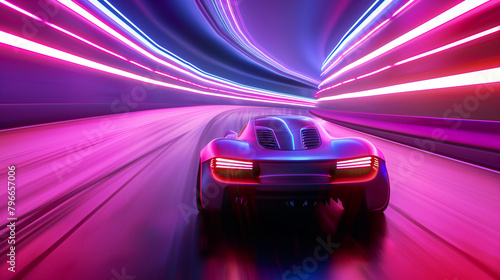 Speeding Sports Car On Neon Highway. a night track with colorful lights and trails. © ksu_ok