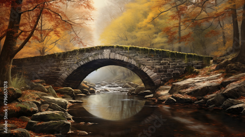 old bridge over the river, A timeless scene: anold stone bridge, its arches reflected in the water. Leaves fall gently, and history whispers through its weathered stones photo