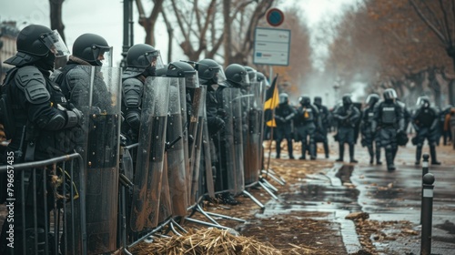 Group of people in riot gear standing in front of a fence with police shields in the background photo