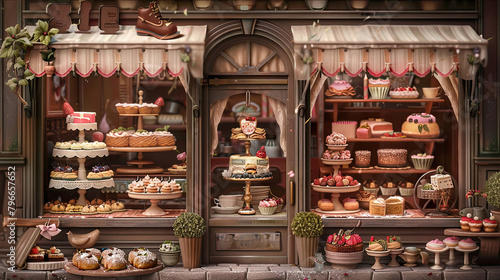 A whimsical setup of pastries and cakes in a quaint bakery window, invoking the charm of small-town bakeries.