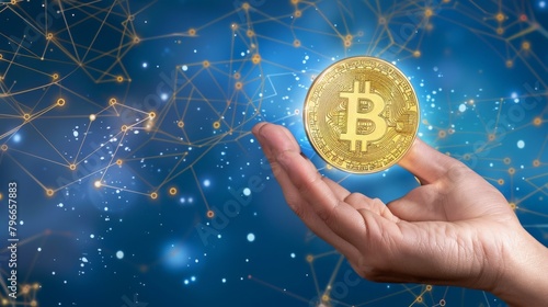 Digital collage with male hand holding bitcoin on blue background 