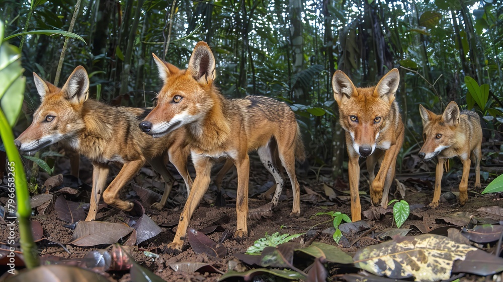Obraz premium Wolves stealthily hunting in dense jungle, staying vigilant for prey and potential dangers