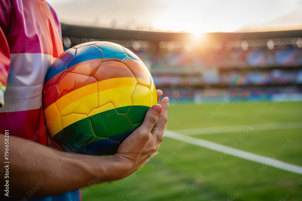 Obraz premium Football soccer player wearing gay pride LGBTQ rainbow flag holding a ball in a stadium