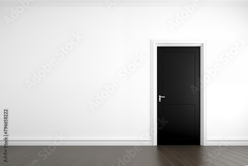 Closed black door in empty room with white wall photo