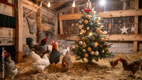 A small Christmas tree decorated with quail eggs in a chicken coop, surrounded by chickens. 