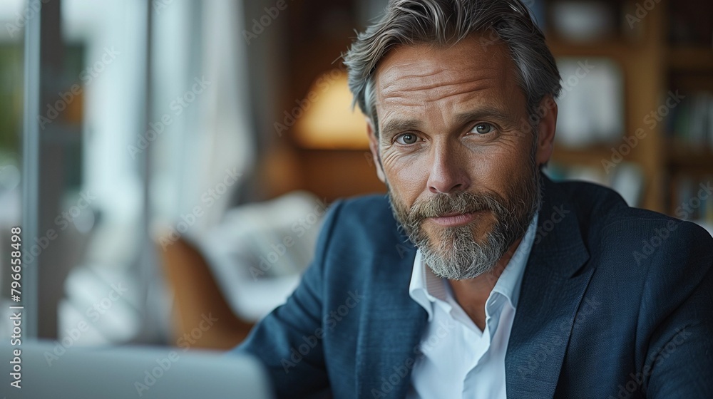 Focused Mature Man, Stylish Business Casual, Office Interior with Copy Space Focused Mature Man, Stylish Business Casual, Office Interior with Copy Space