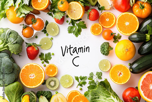 set of Various fruits and vegetables the text Vitamin C