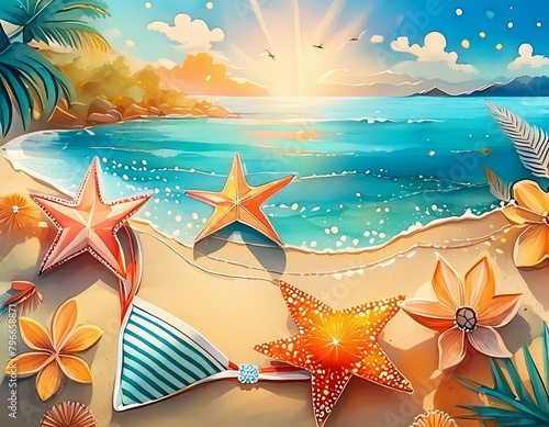 beach and summer backdrop with star fish ocean and bikini 