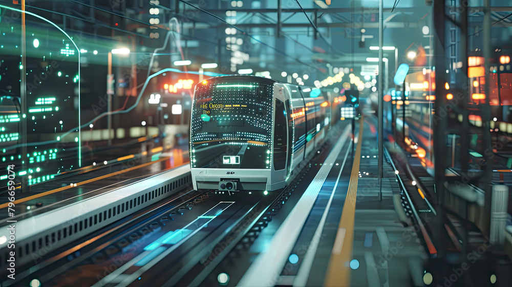 An AI-enabled public transport system, with information dynamically updated for efficiency, illustrating AI's role in urban mobility. An AI-enabled public transport system, with information dynamically updated for efficiency, illustrating AI's role in urban mobility.