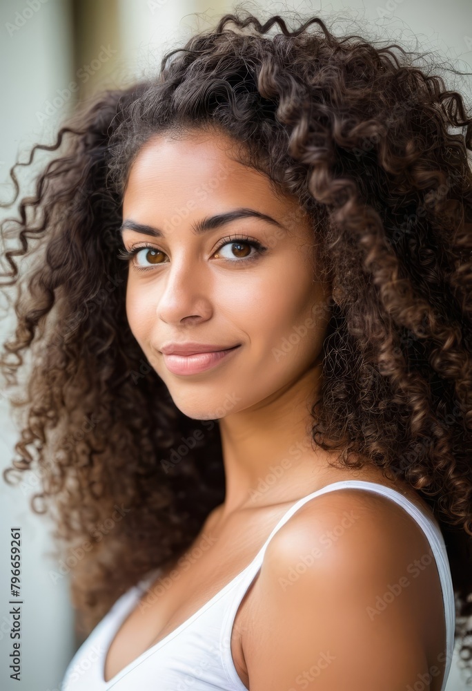 portrait of Hispanic woman with curly hair, vertical portrait of Hispanic woman with curly hair, vertical