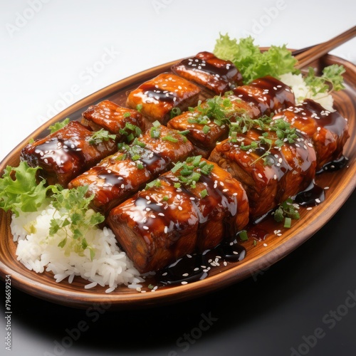 a plate of unagi in teriyaki sauce served with white rice on a white background