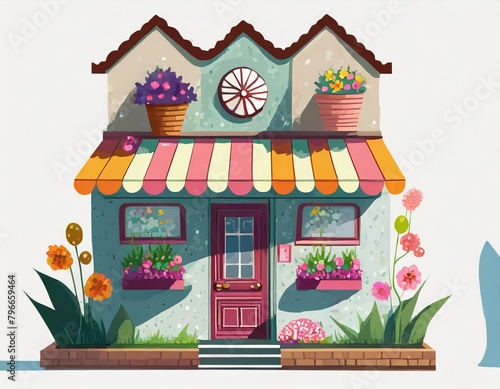 illustration of a small cute flower shop building on a white background