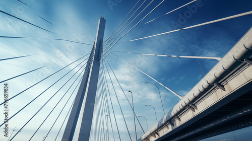 bridge over the river thames, Amodern urban landmark: a cable-stayed bridge, its geometric lines intersecting with the sky. Commuters cross it, unaware of its intricate engineering © Hasnain Arts