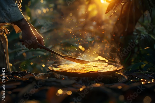 a chef expertly flipping a pancake with a spatula in a lush forest setting at sunset, highlighting the golden crispy edges under warm, dappled light photo