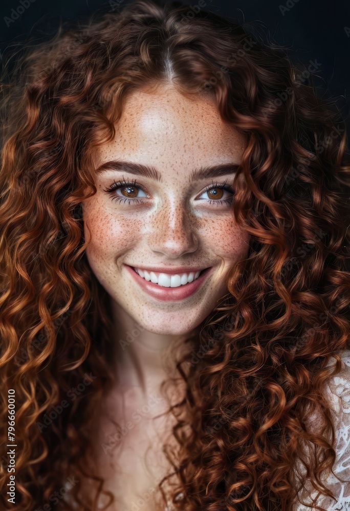 portrait of smiling curly long-haired red hair woman portrait of smiling curly long-haired red hair woman