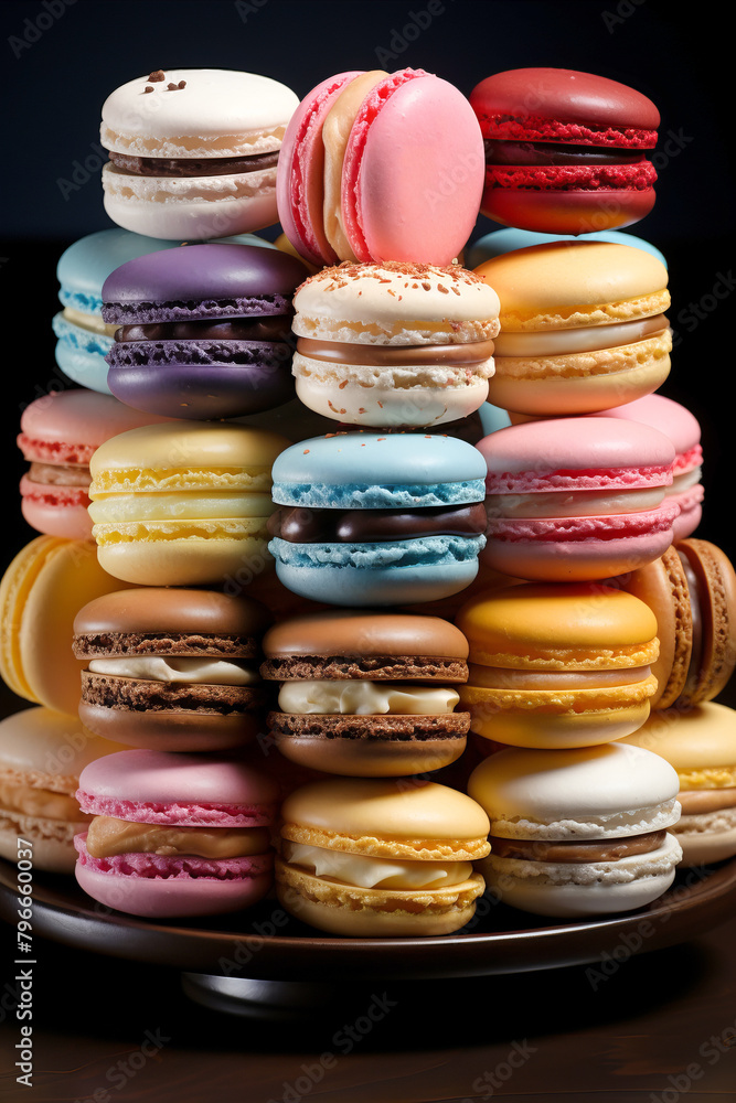 Elegant and colorful macarons aranged into a tower on a plate.