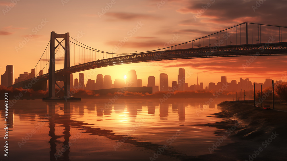 bay bridge at sunset, Amajestic bridge spanning a river, its steel cables and concrete pillars standing tall against the city skyline. The sun sets behind it, casting a warm glow on the water
