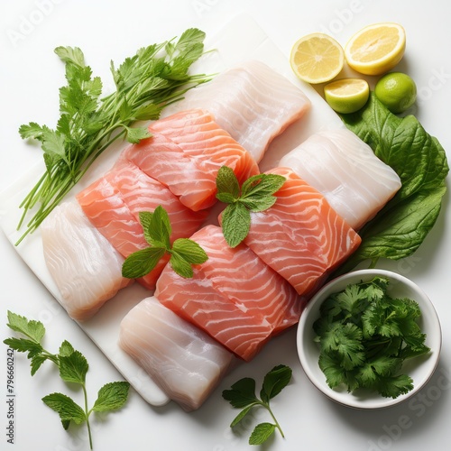 a plate of salmon and tuna sashimi on a white background