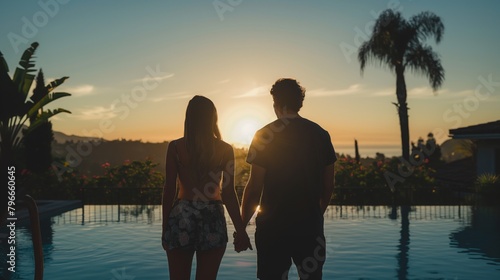 Romantic silhouette couple holding hands by pool at sunset in outdoor villa. Romantic getaway