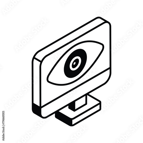 Eye inside monitor denoting concept isometric icon of monitoring