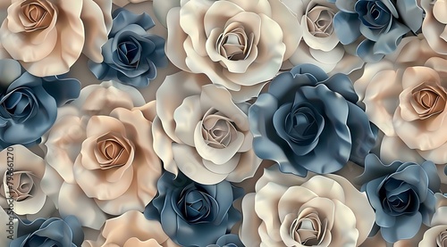 3d wallpaper stretch ceiling, blue and beige roses pattern frame background