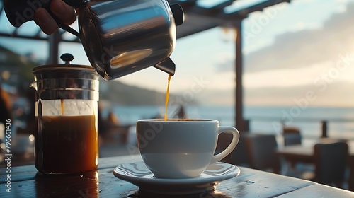 Fresh hot coffee being poured into a cup from a stainless steel french press in a trendy cafe near sea