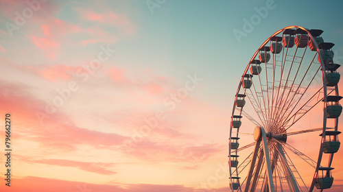 ferris wheel at sunset, A whimsical perspective: aFerris wheel silhouette, framed by a gradient sky. Each rotation carries dreams higher, touching the edge of possibility