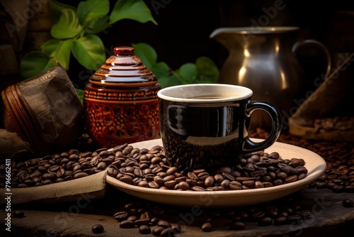 Freshly roasted coffee beans and a cup of coffee on a dark background. Coffee beans are scattered on the table. The concept of a coffee shop, cafe, or restaurant. Isolated on a black background.