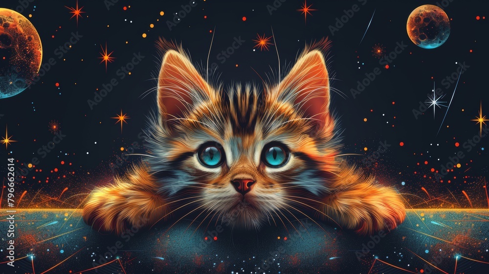 A seamless pattern of an astronaut cat in space. Editable modern illustration of a cartoon cat in space.
