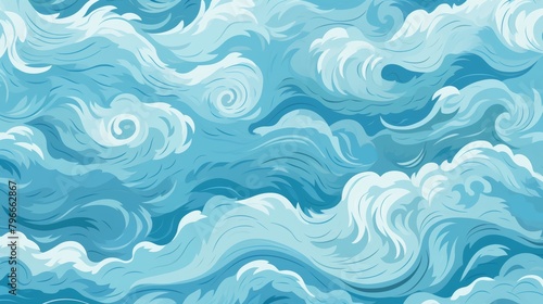 Blue and white ocean waves background with serene and tranquil feel. Abstract sea pattern with stylized waves. Ideal for fabric, textile, wrapping paper, web design.