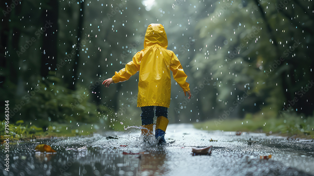Boy in yellow raincoat, Child having fun on rainy Boy in yellow raincoat, Child having fun on rainy