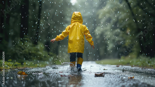 Boy in yellow raincoat, Child having fun on rainy