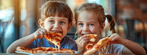 the children are eating pizza. selective focus photo