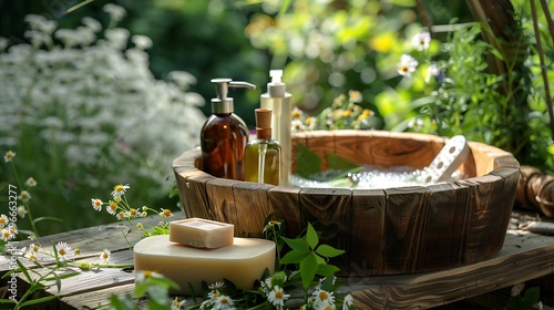 Handmade wooden Wash basin with soap in garden for hands cleaning in summer