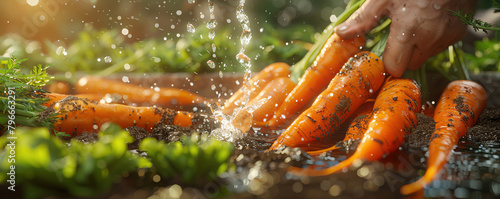 Closeup of a farmer washing freshly harvested organic carrots the soil still clinging to them highlighting the natural and unprocessed quality
