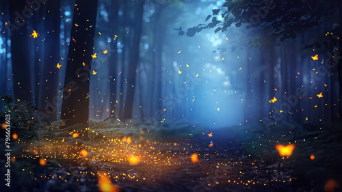 Fireflies flying in the dark  Glowing bugs in night forest