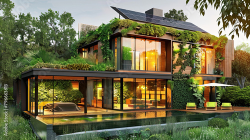 An image depicting a modern  eco-friendly home  equipped with green technologies like rainwater harvesting and solar panels  promoting sustainable living practices.