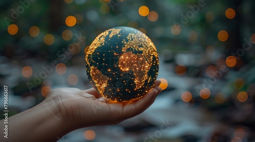 Human hand holding globe on its finger, internet of things (IOT). The concept of managing things via the Internet. photo