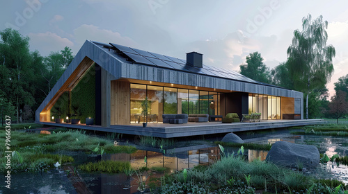 An image depicting a modern, eco-friendly home, equipped with green technologies like rainwater harvesting and solar panels, promoting sustainable living practices. © NooPaew