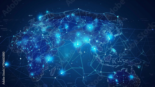 Asia map depicting global connectivity, data transfer, business exchange, and tech advancement. Concept Global Connectivity