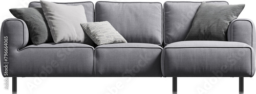 Front view of modern gray upholstered sofa