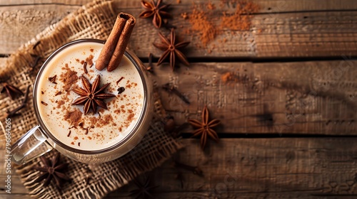 Homemade chai tea latte with anise and cinnamon stick in glass mug on wooden rustic background top view