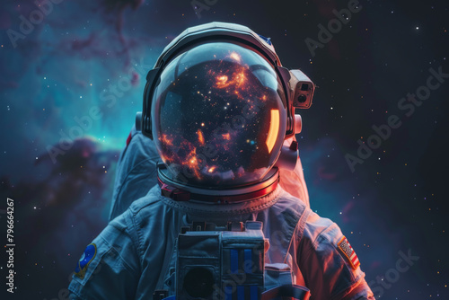 Front view astronaut potrait. Astronaut in space suit with galaxy and nebula reflection in helmet glass