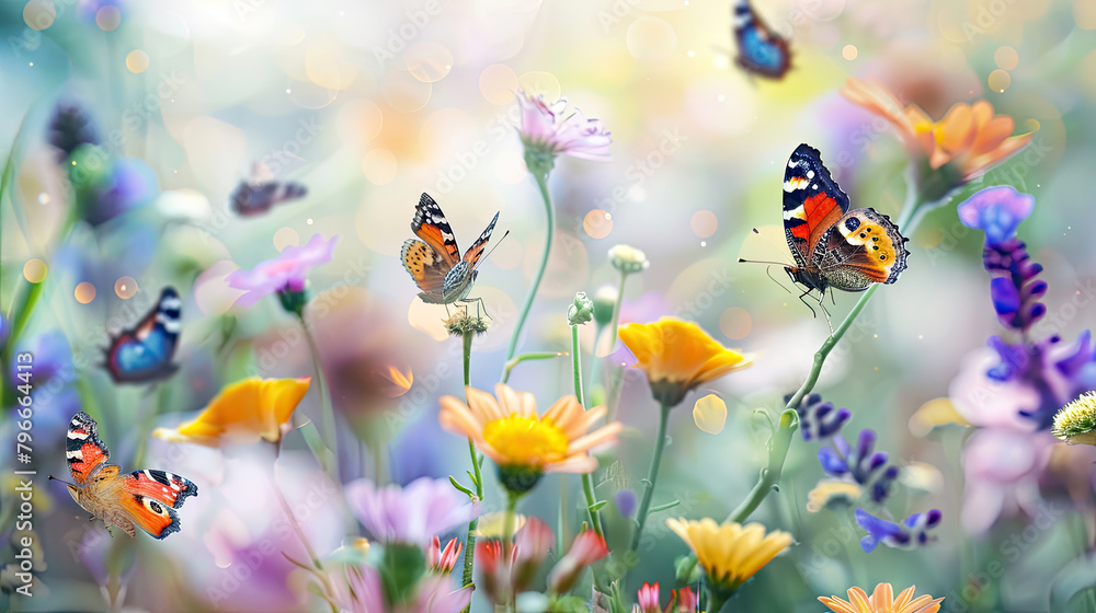 Fototapeta premium An image showcasing a colorful garden alive with a variety of butterflies flitting among blooming flowers, symbolizing the lively activity and renewal that spring brings.