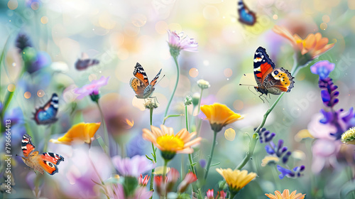 An image showcasing a colorful garden alive with a variety of butterflies flitting among blooming flowers, symbolizing the lively activity and renewal that spring brings. © NooPaew